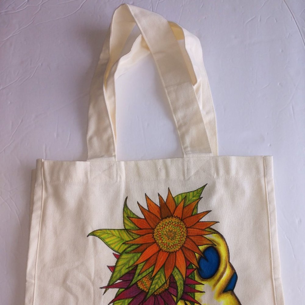 Hand-Painted Skull Tote Bag: Sunflowers Art Canvas Reusable Bag 14x13x7 - Picture 11 of 16